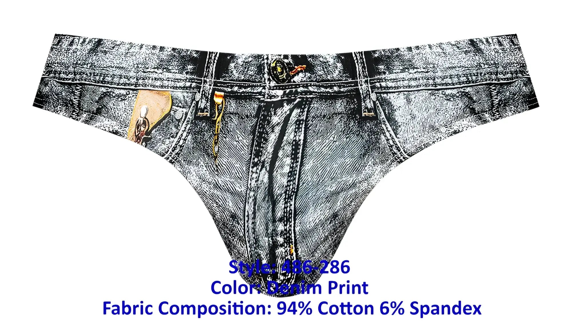 Male power 486-286 dirty denim bikini thong with faded blue denim print faux leather patches and metallic hardware accents