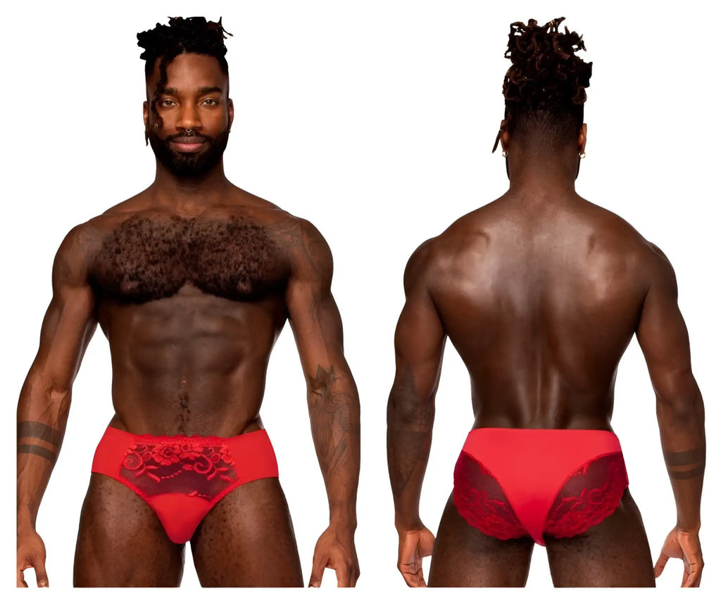 Red lace-trimmed briefs with satin-like finish and intricate floral embroidery from male power sassy lace bikini in red