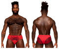 Red lace-trimmed briefs with satin-like finish and intricate floral embroidery from male power sassy lace bikini in red