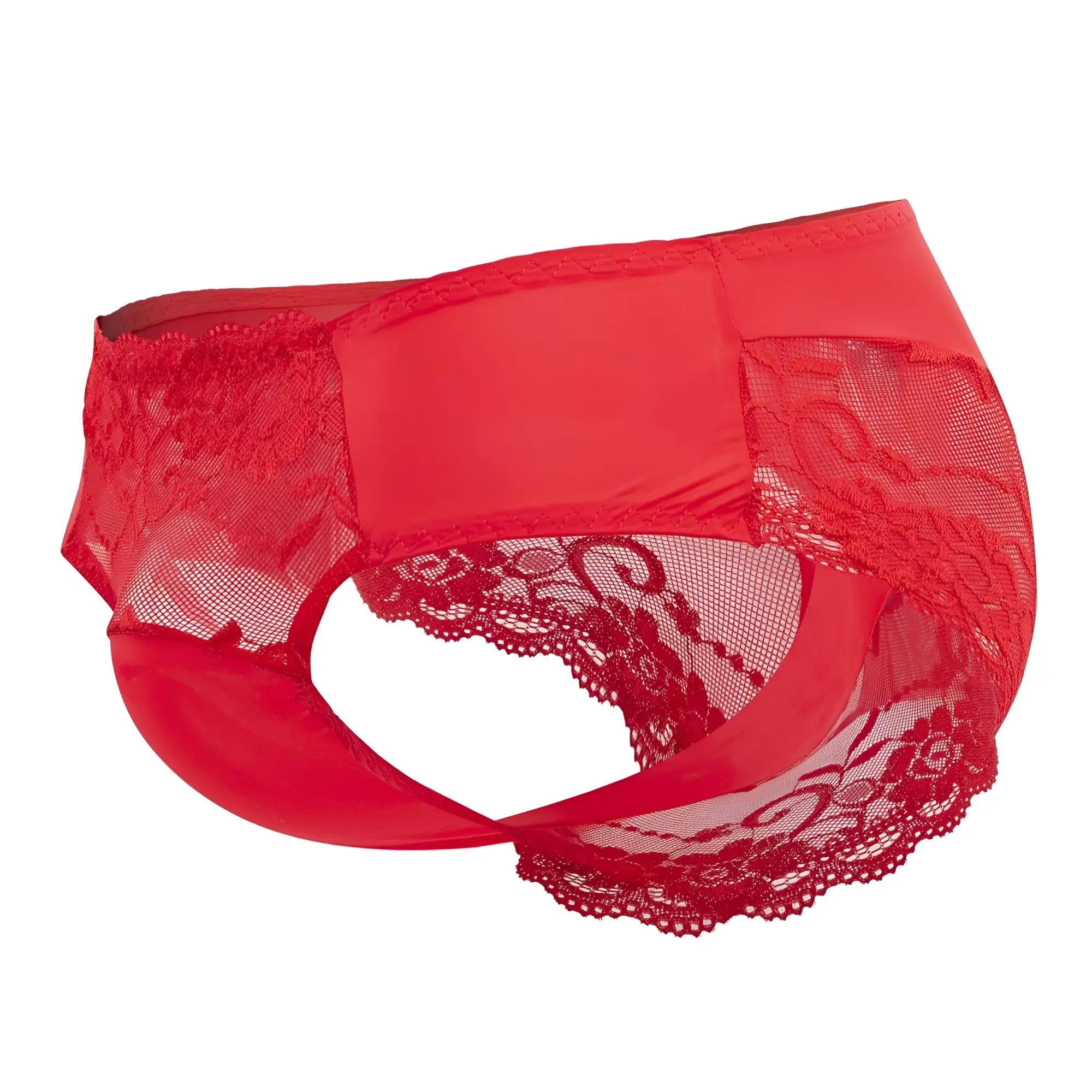 Male power 492-280 sassy lace bikini briefs in red satin with lace trim sheer mesh panel and scalloped edges