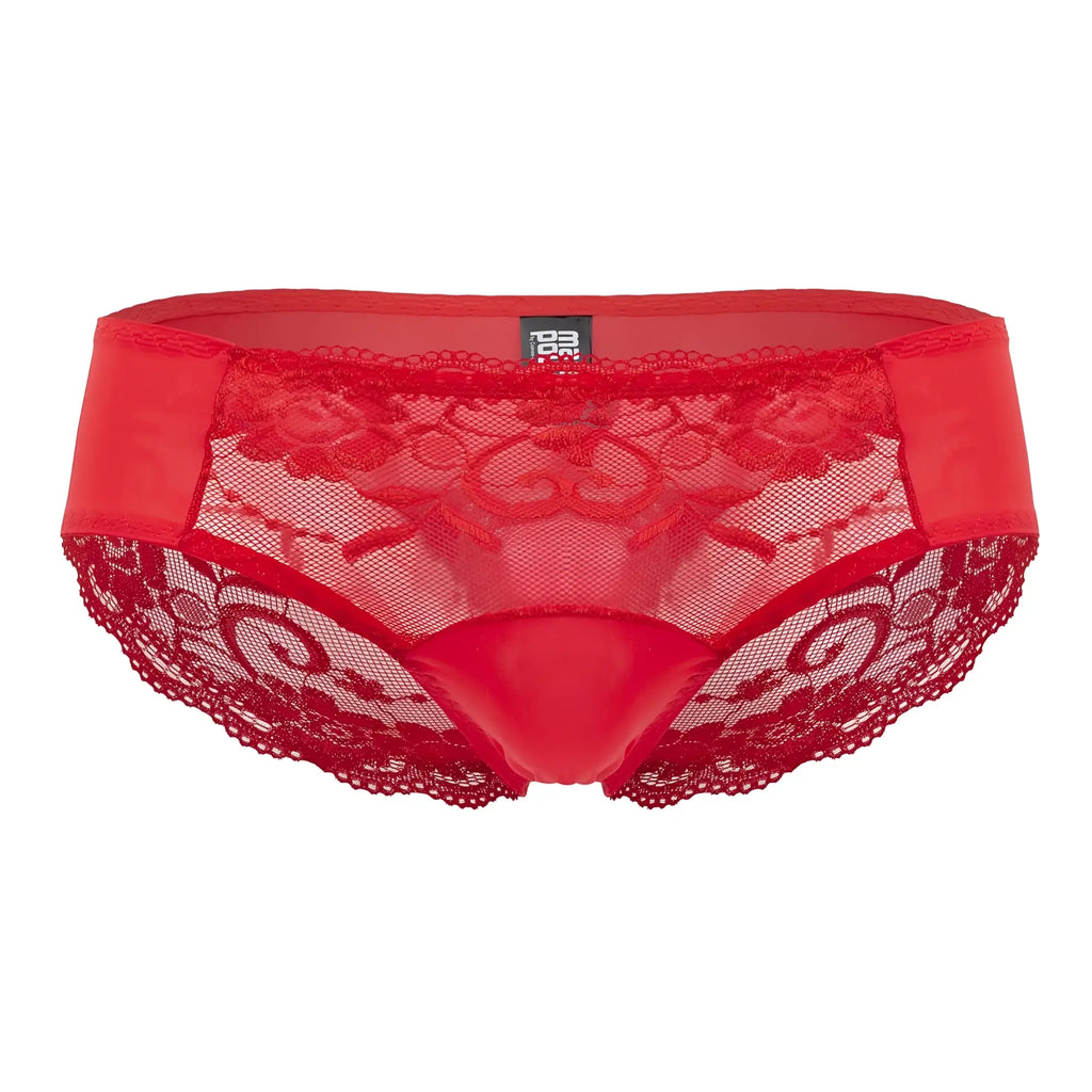 Male power 492-280 sassy lace bikini briefs in red with lace trim sheer mesh panel and satin-like waistband