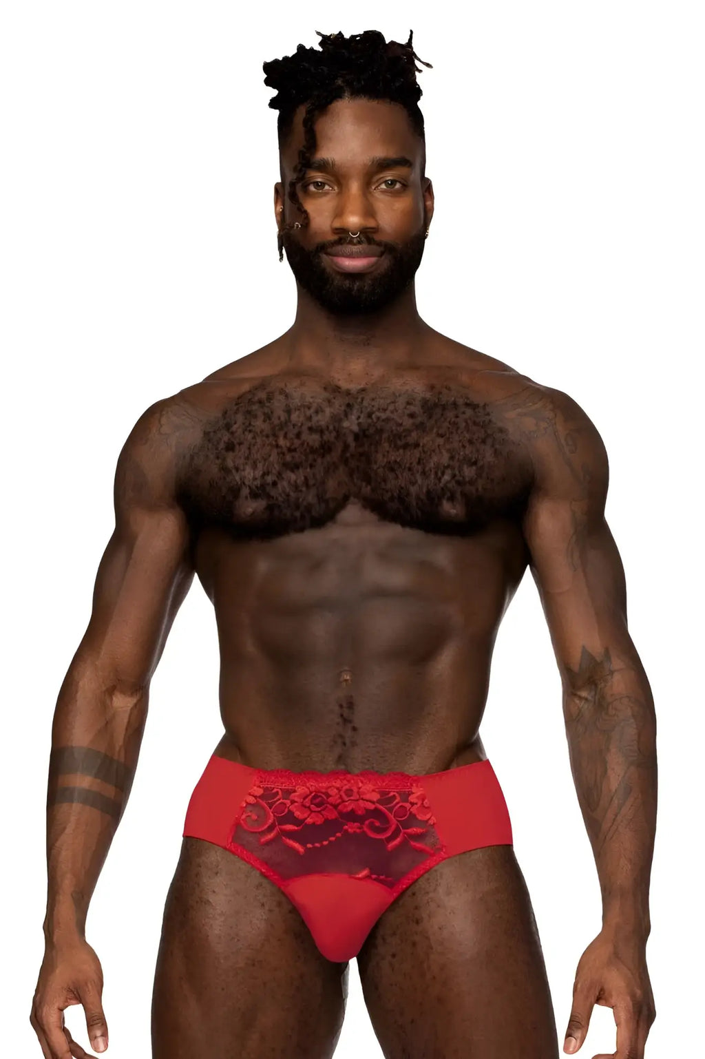 Red lace-trimmed briefs with sheer mesh panel and floral embroidery from male power sassy lace bikini solid pouch in red