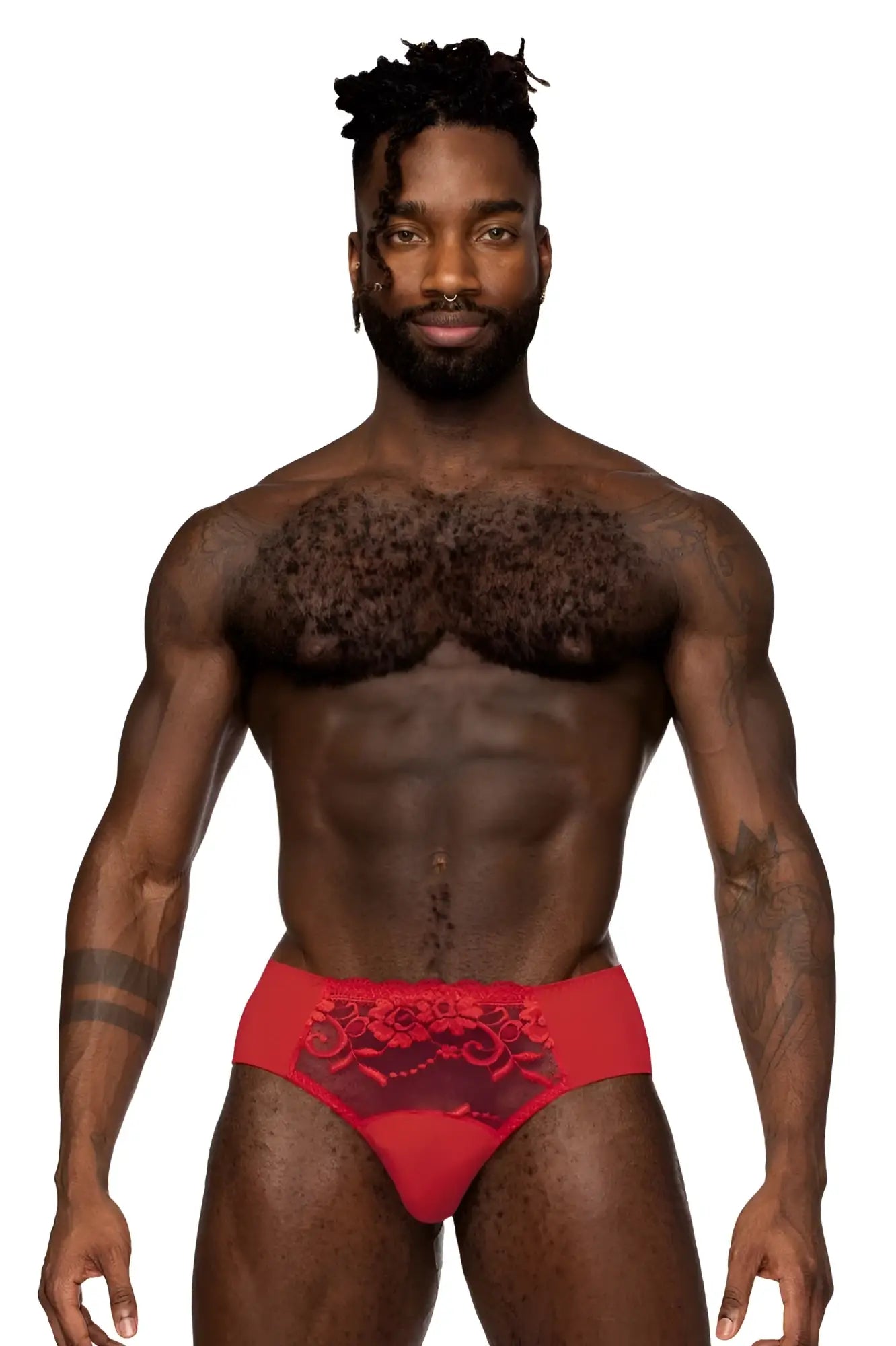 Red lace-trimmed briefs with sheer mesh panel and floral embroidery from male power sassy lace bikini solid pouch in red