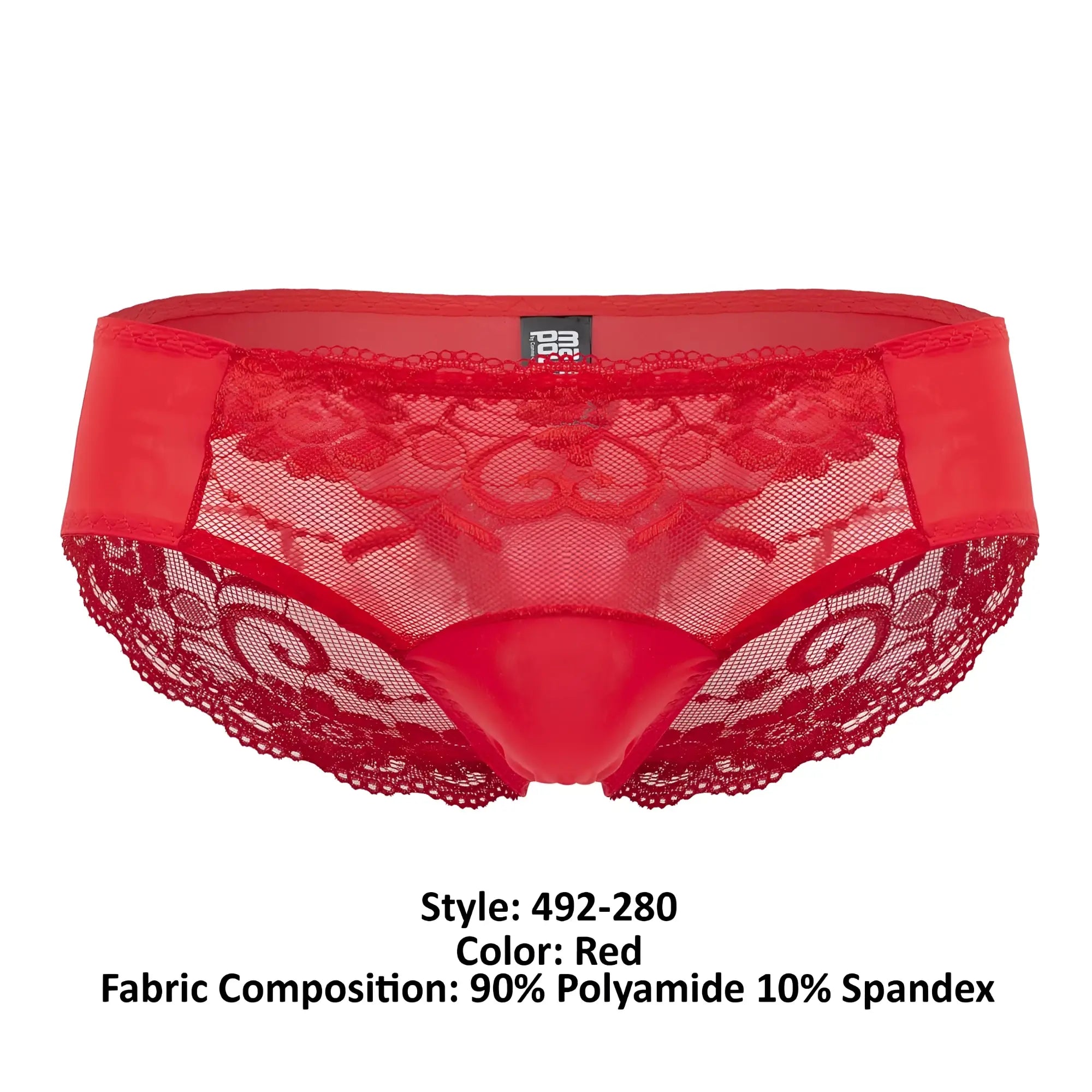 Male power 492-280 sassy lace bikini red briefs with lace trim sheer mesh and satin-like side panels