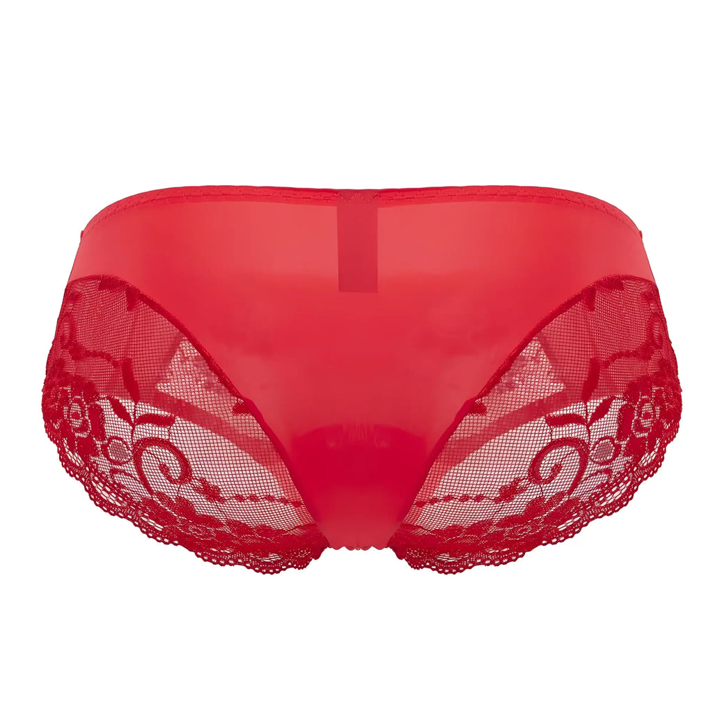 Male power 492-280 sassy lace bikini briefs in red with lace trim sheer satin fabric and floral embroidery