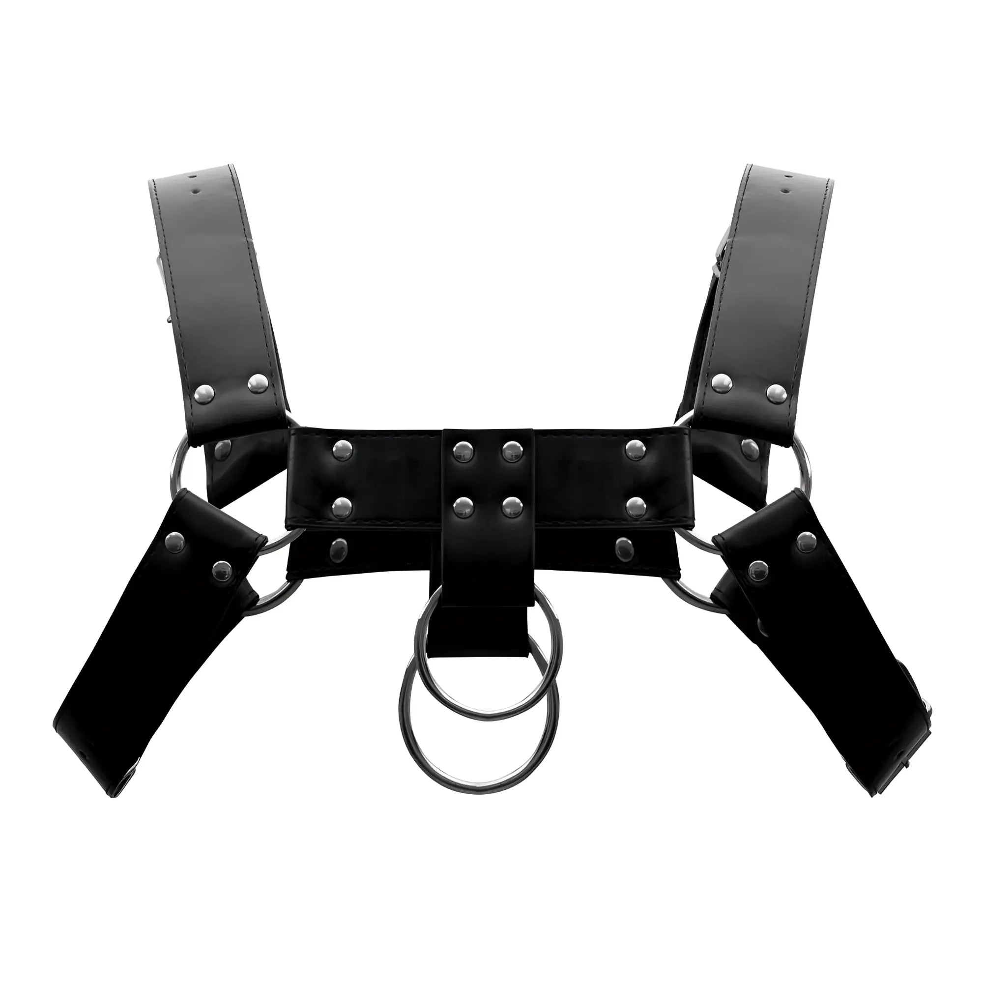 Male power 590-266 black faux leather harness with silver rings and studs for men