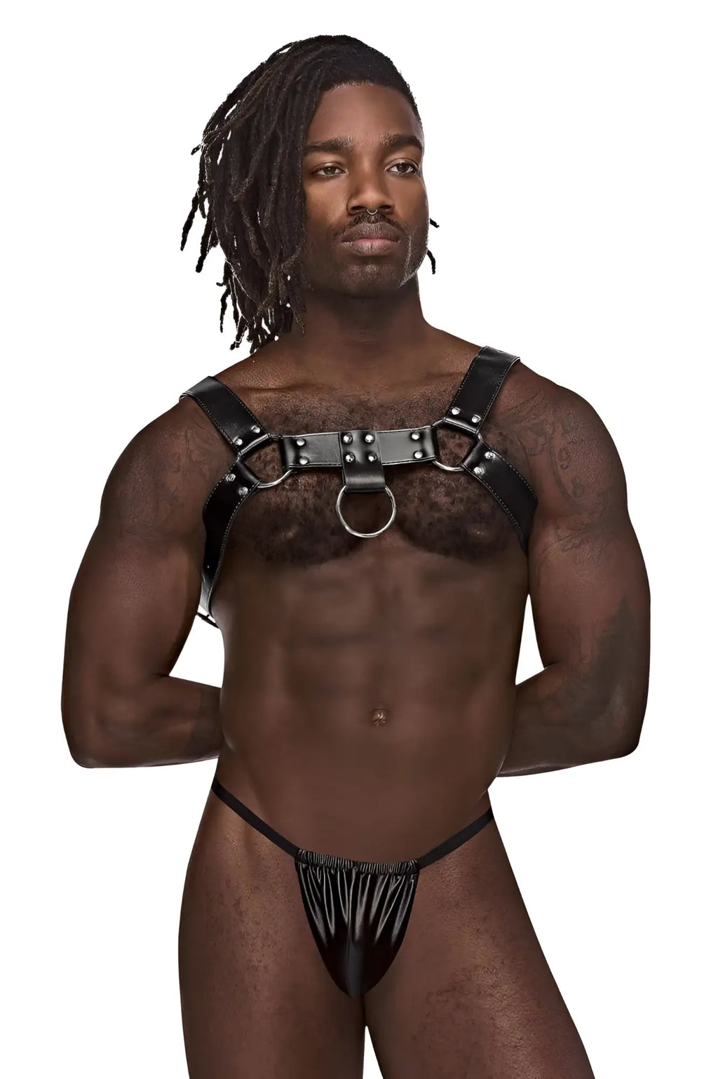 Black leather male power 590-266 aries harness with metal rings and studs designed for a bold look