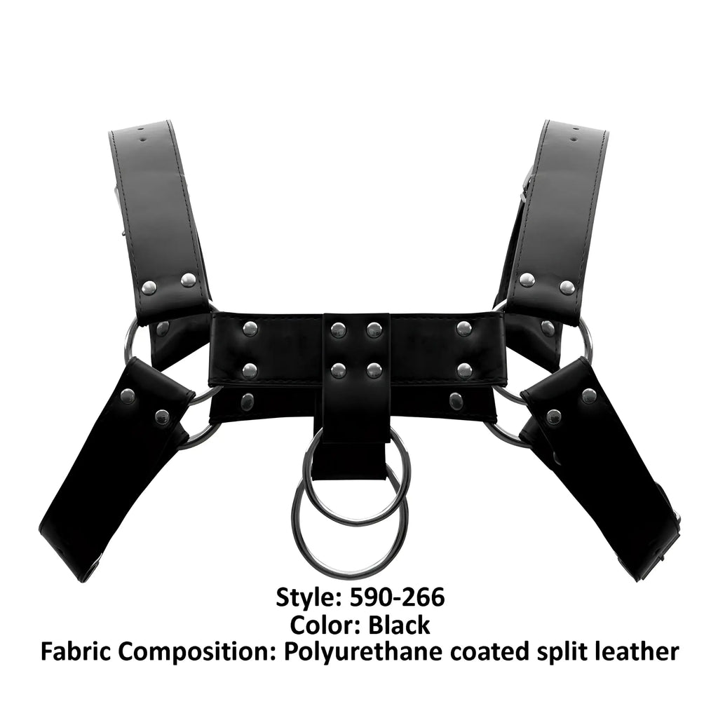 Black male power 590-266 leather Aries harness made of polyurethane-coated split leather with silver metal rings and studs
