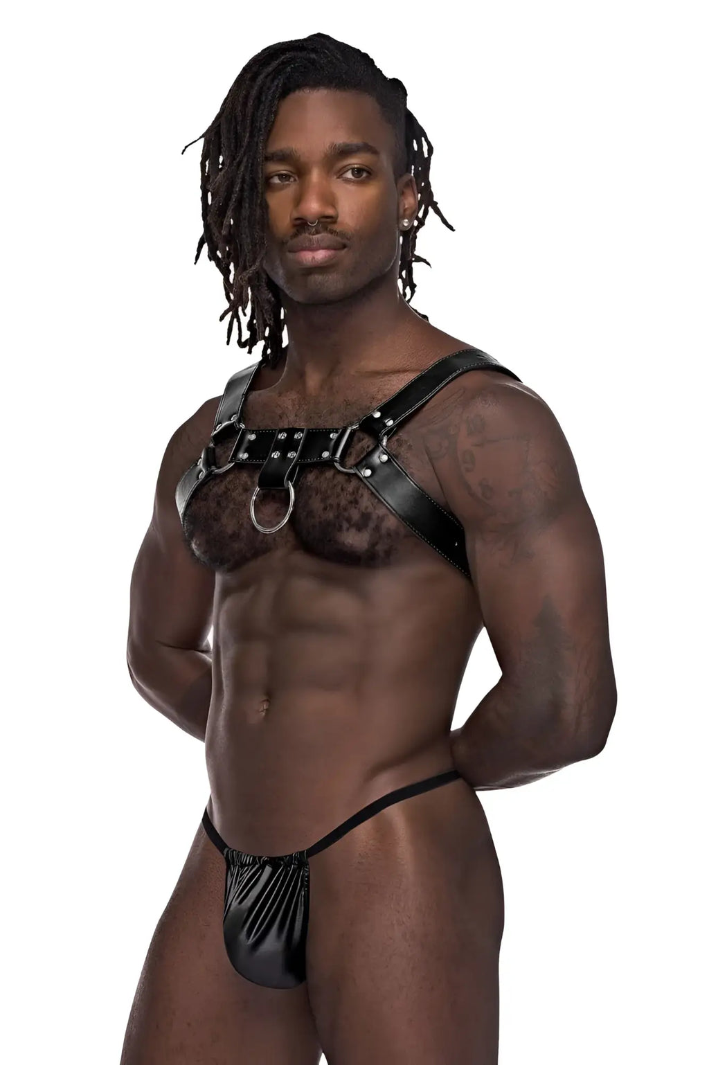 Black leather male power 590-266 aries harness with silver studs and ring paired with matching black latex thong