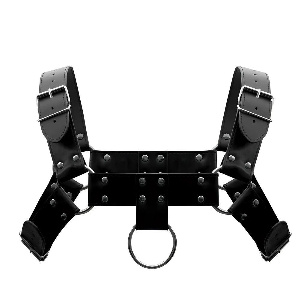 Male power 590-266 leather aries harness in black with silver metal buckles studs and central ring