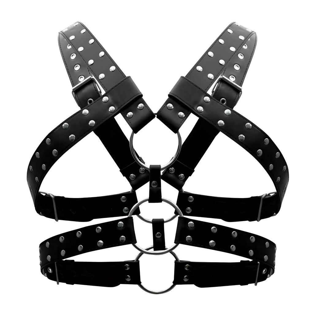 Male power 591-266 leather gemini harness black leather with silver studs and metal rings front view