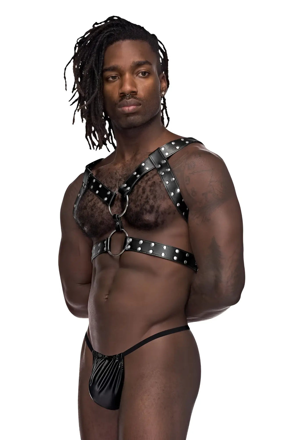 Male power 591-266 black leather gemini harness with silver studs and metal rings designed for men