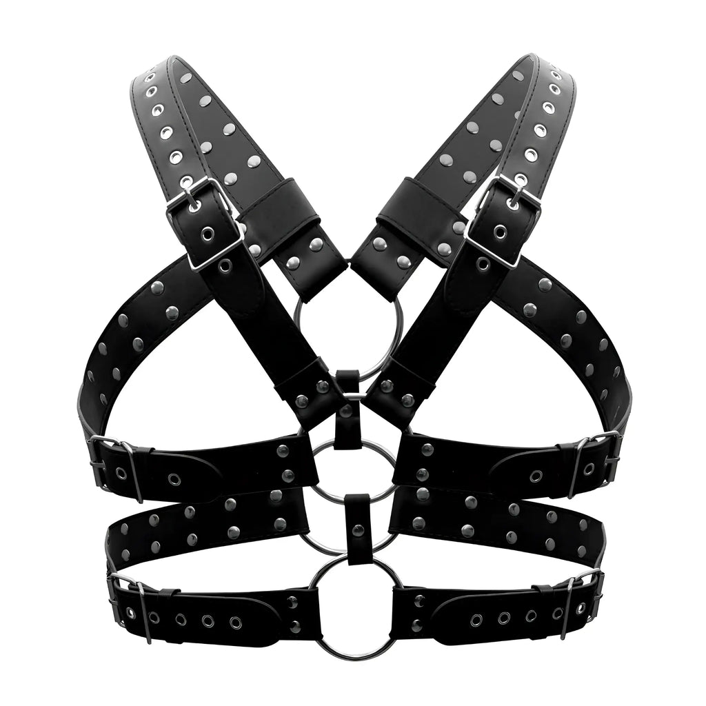 Black leather male power 591-266 gemini harness with silver studs and metal rings for secure fit