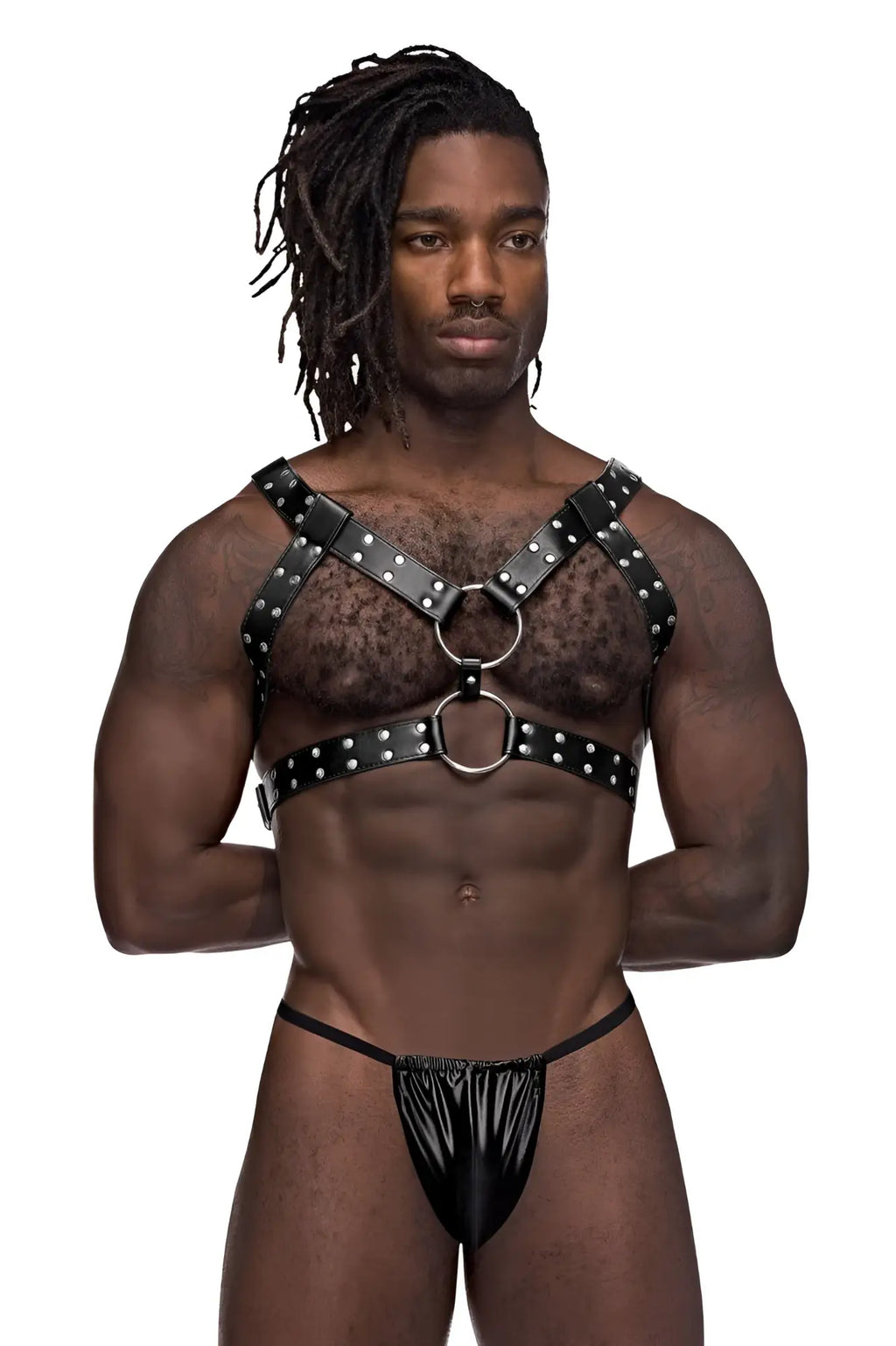 Male power 591-266 black leather gemini harness with silver studs and metal rings for men