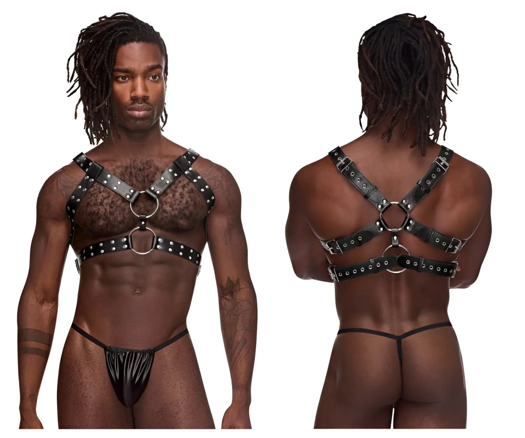 Male power 591-266 leather gemini harness in black with silver-toned metal rings and studs made of black leather