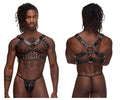Male power 591-266 leather gemini harness in black with silver-toned metal rings and studs made of black leather