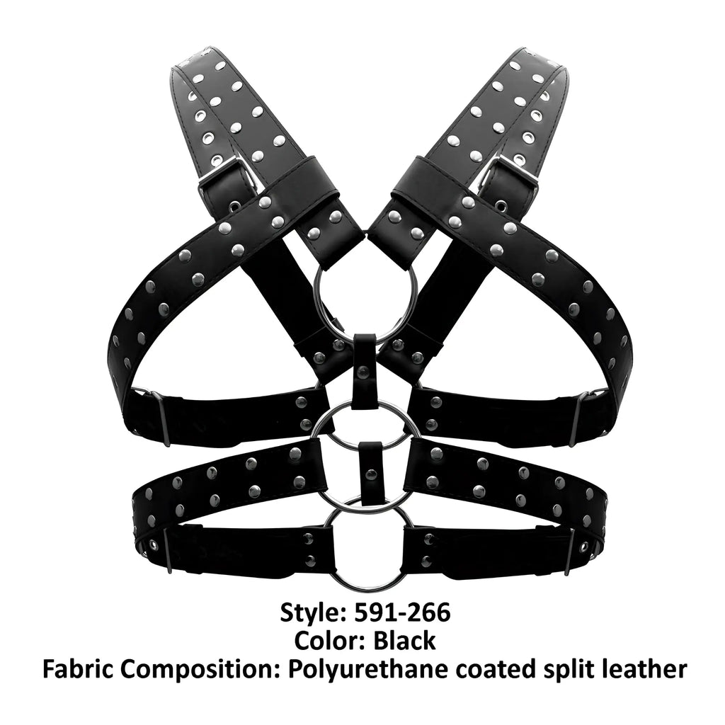 Male power 591-266 leather gemini harness black studded with silver rings and buckles made of polyurethane coated leather