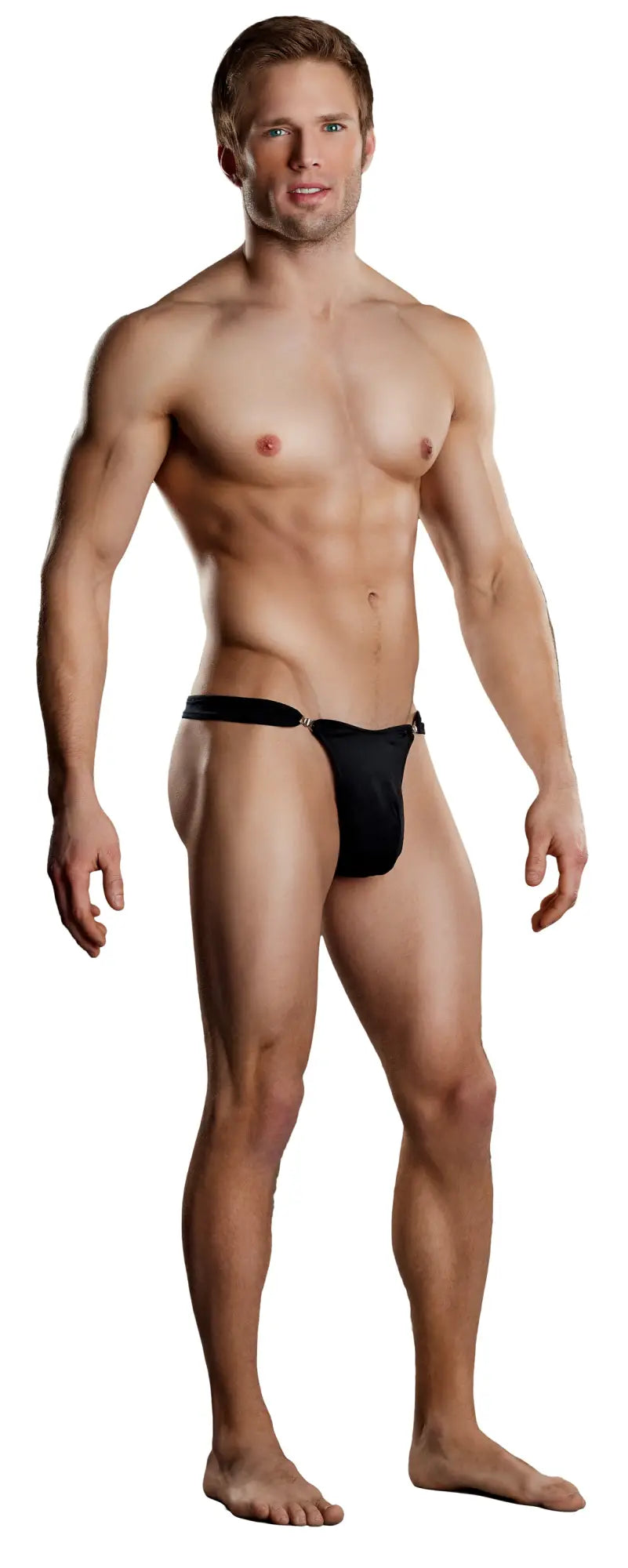 Black male power bong clip thong in smooth elastic material with adjustable side straps shown from the back side