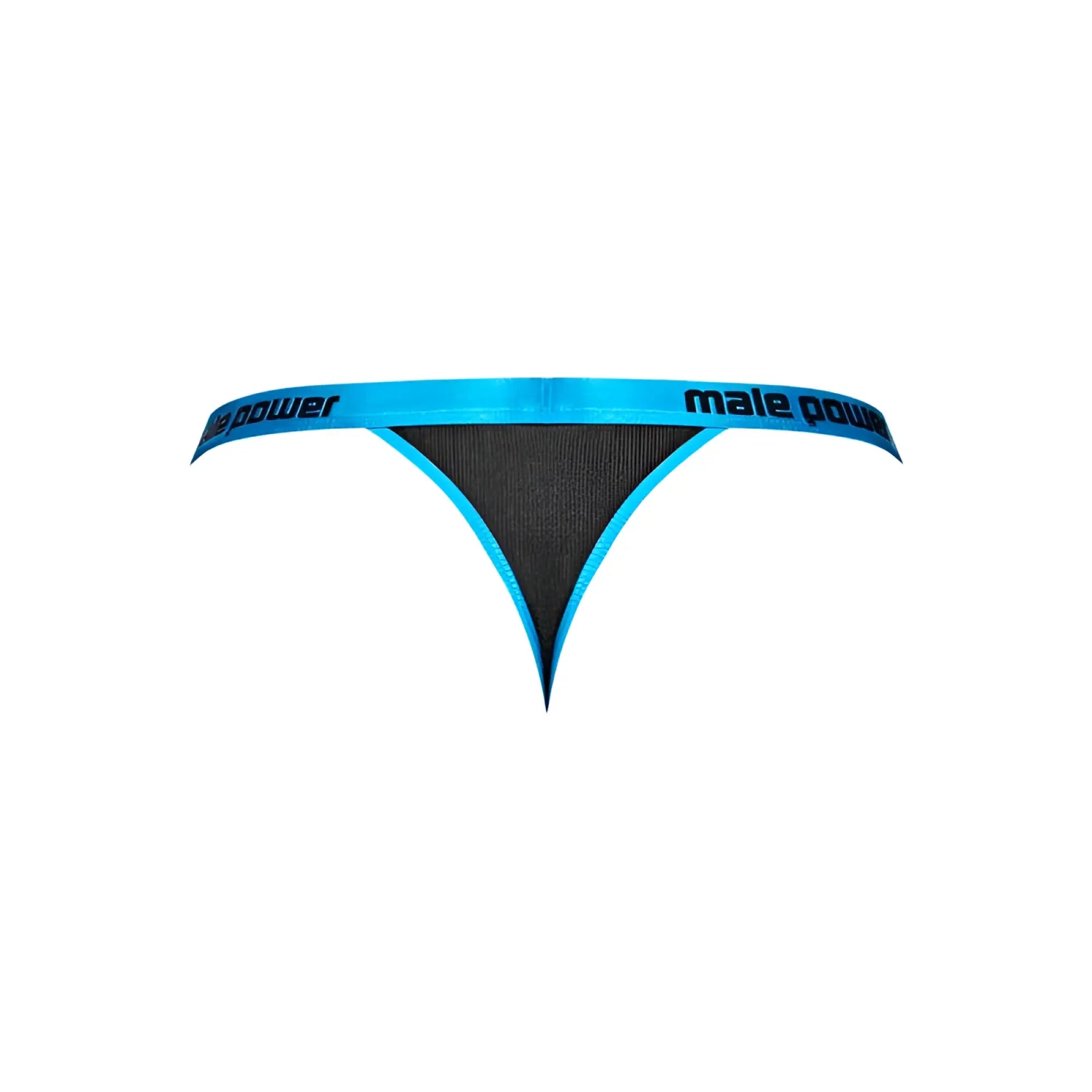 Black and bright blue male power Casanova uplift micro thong with branded waistband in size LXL shown from back