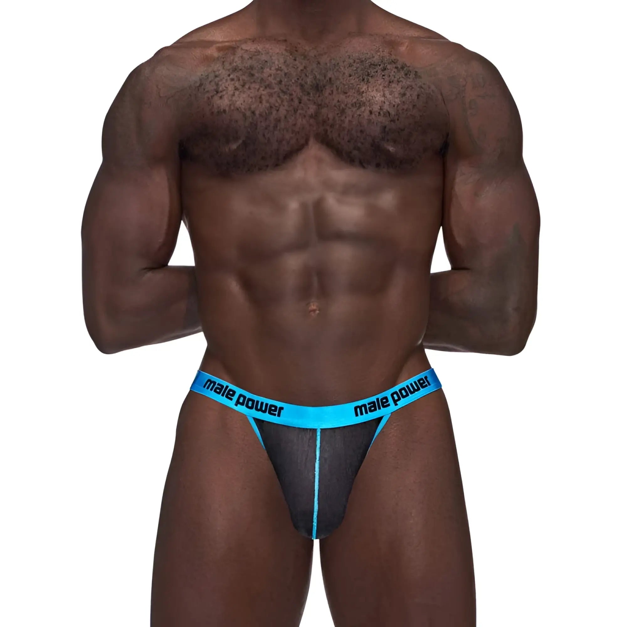 Black and bright blue male power Casanova uplift micro thong with textured fabric for men in size L/XL
