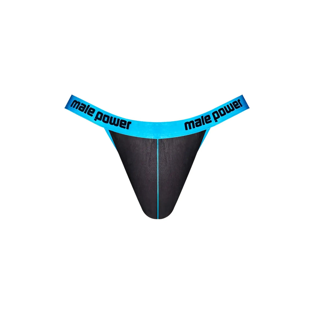 Black thong with bright blue waistband featuring male power logo in black text front view male power Casanova uplift micro thong