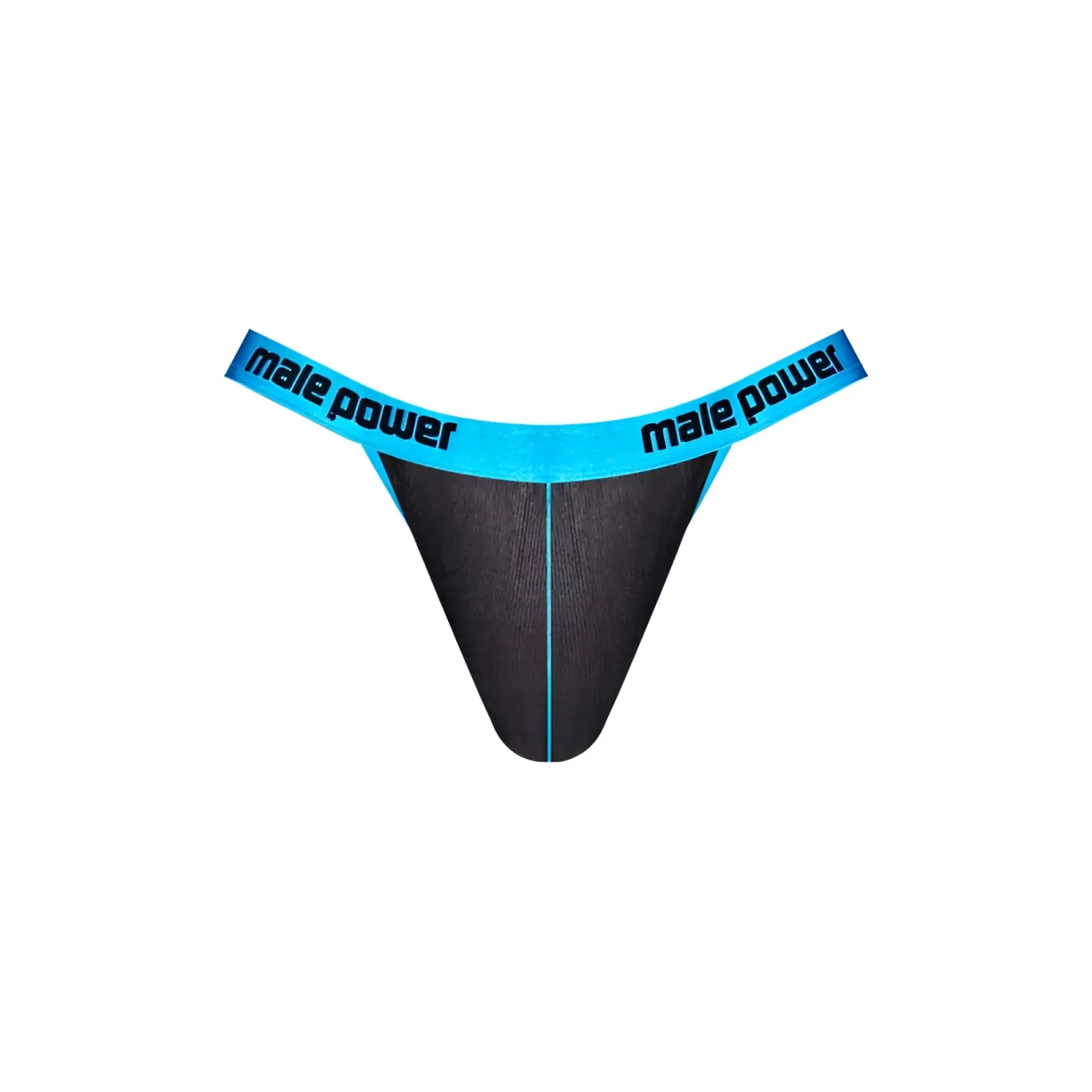 Black thong with bright blue waistband featuring male power logo in black text front view male power Casanova uplift micro thong