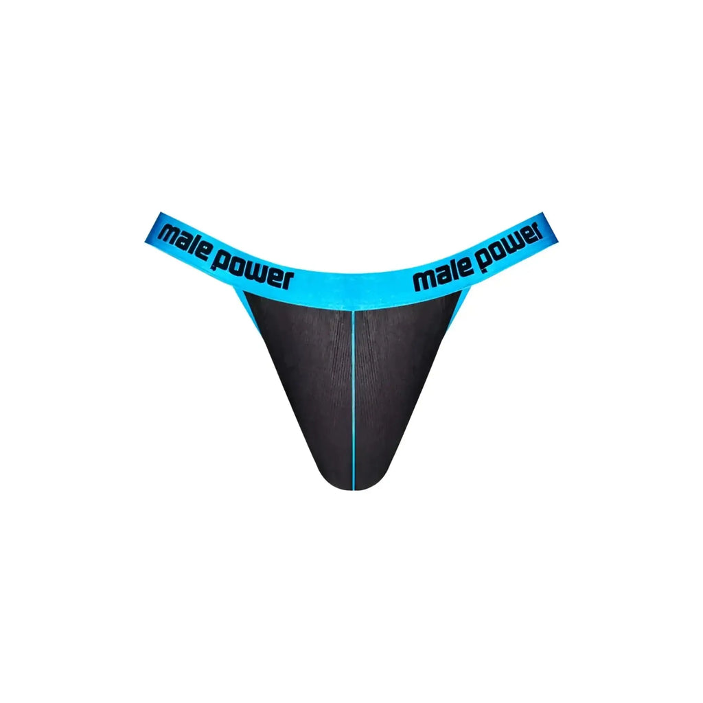 Black thong with bright blue waistband featuring male power logo in black text front view.