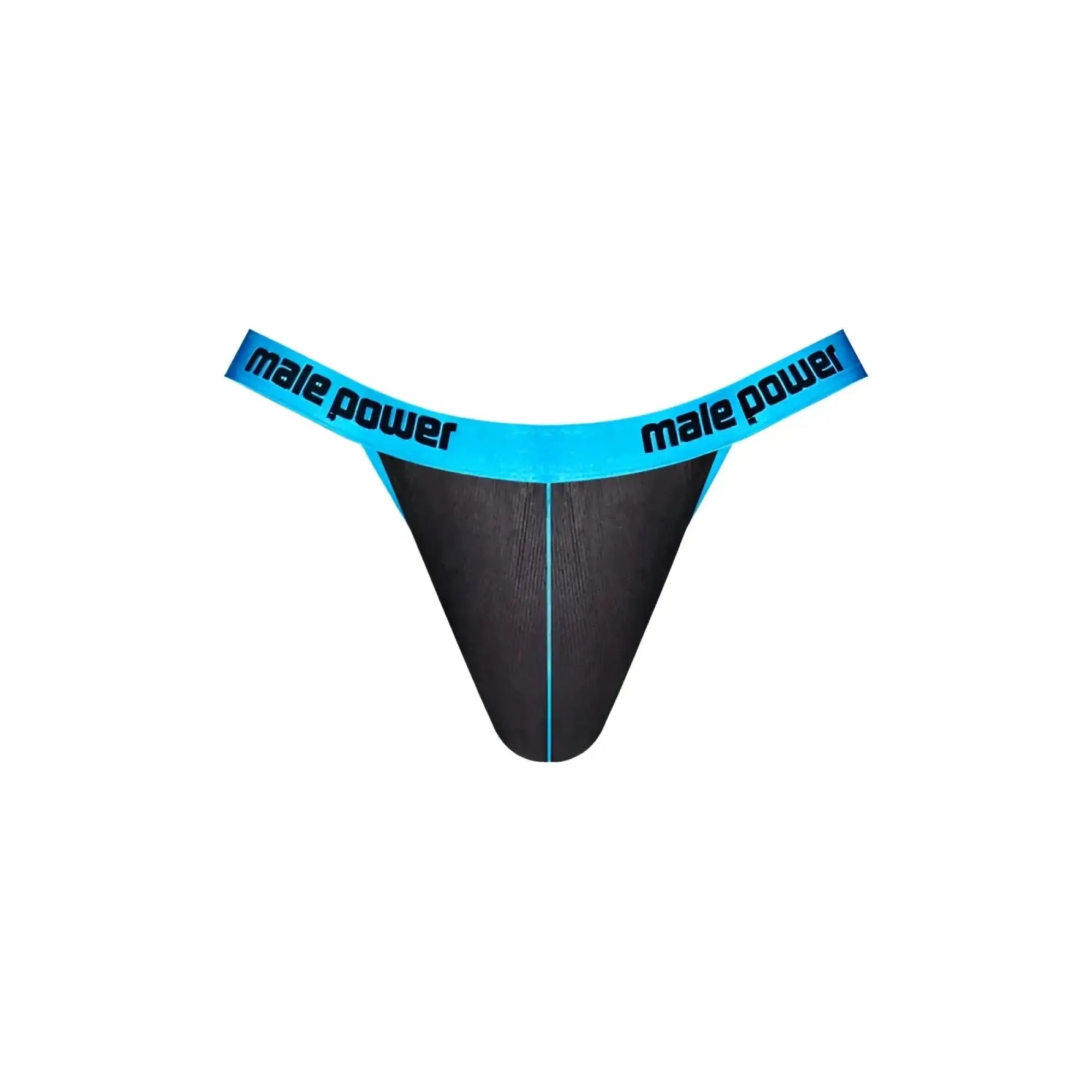 Black thong with bright blue waistband featuring male power logo in black text front view.
