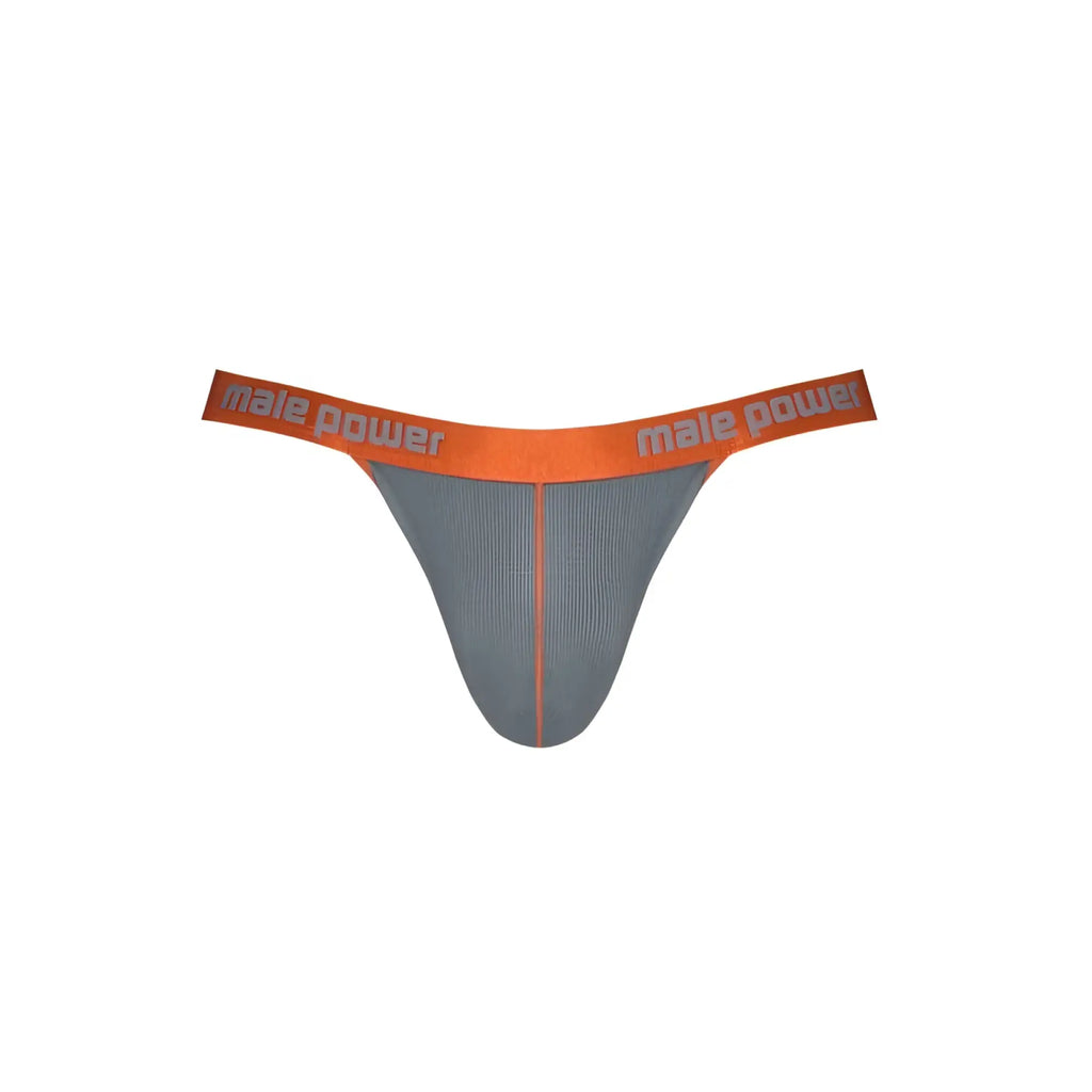 Gray and orange male power Casanova uplift micro thong with ribbed texture in size L/XL shown from the back side