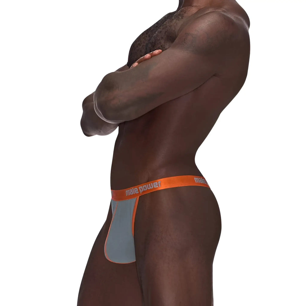 Male power casanova uplift micro thong in orange and gray with lace trim designed for men in size l/xl shown from the back