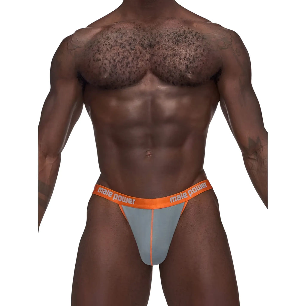 Male power casanova uplift micro thong grey s/m showing a snug fit in gray and orange with a power thong design
