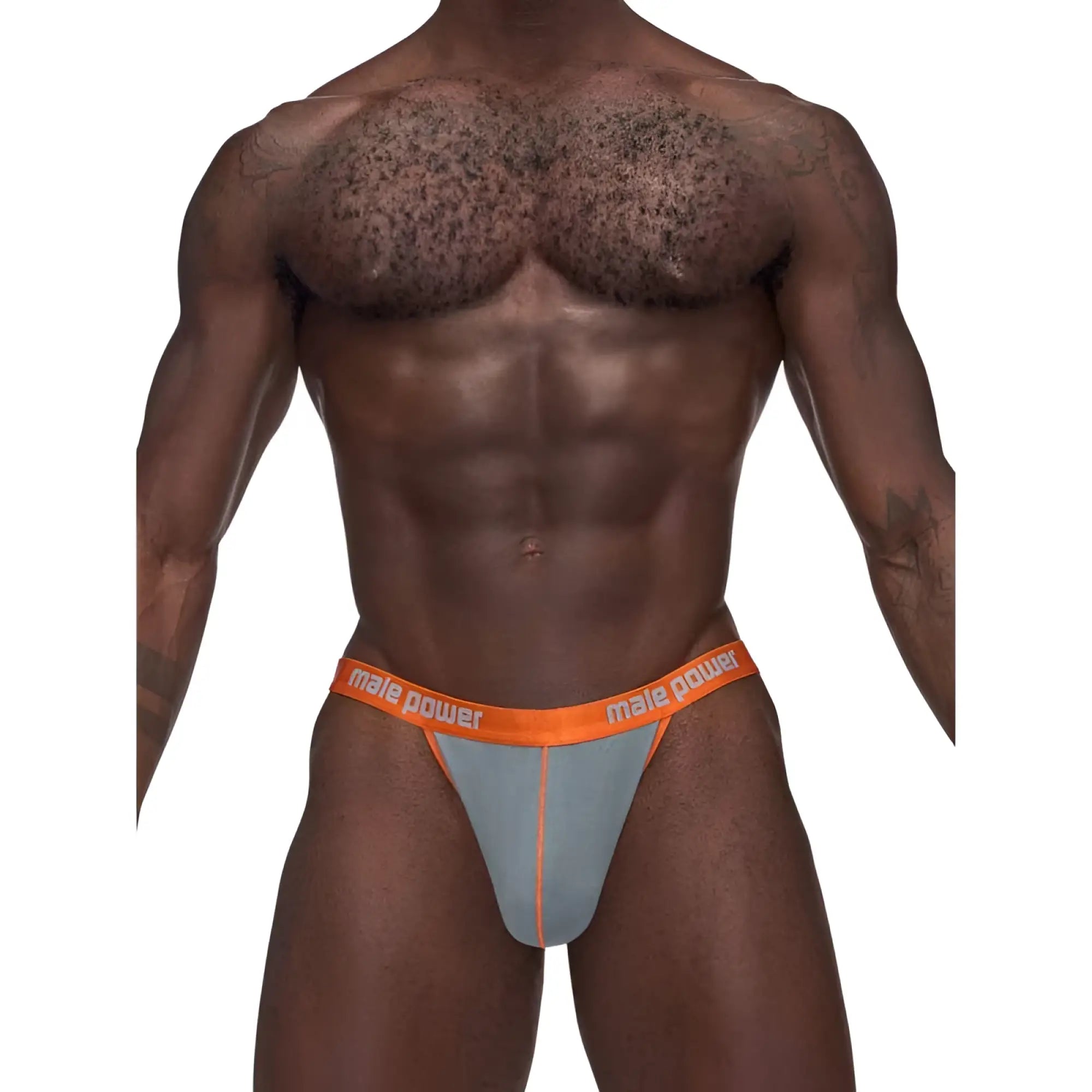 Male power casanova uplift micro thong grey s/m showing a snug fit in gray and orange with a power thong design