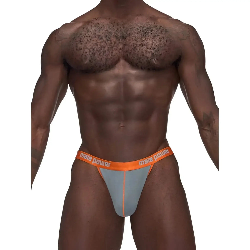 Male power casanova uplift micro thong grey s/m showing a snug fit in gray and orange with a power thong design