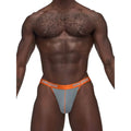 Male power casanova uplift micro thong grey s/m showing a snug fit in gray and orange with a power thong design