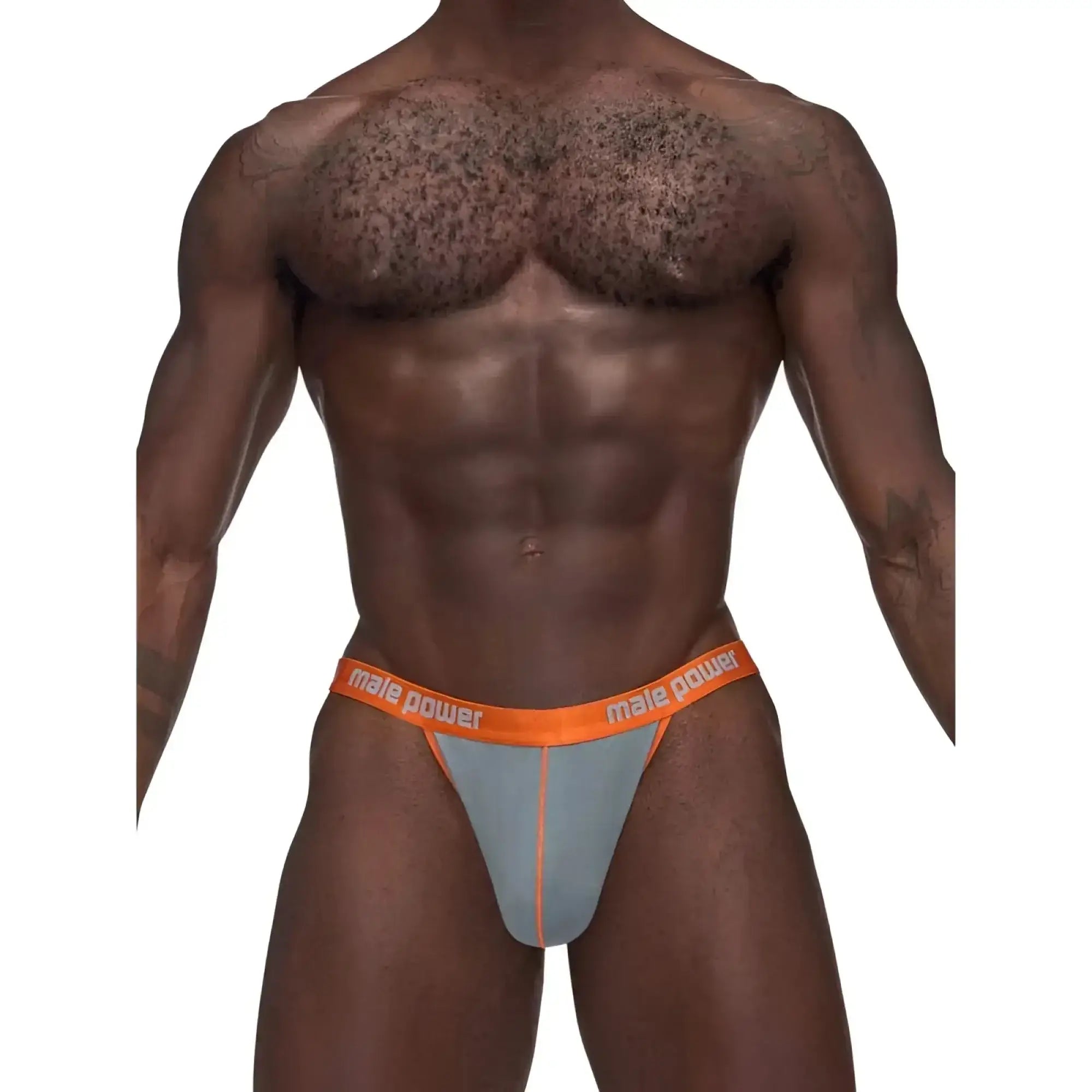 Male power casanova uplift micro thong grey s/m showing a snug fit in gray and orange with a power thong design