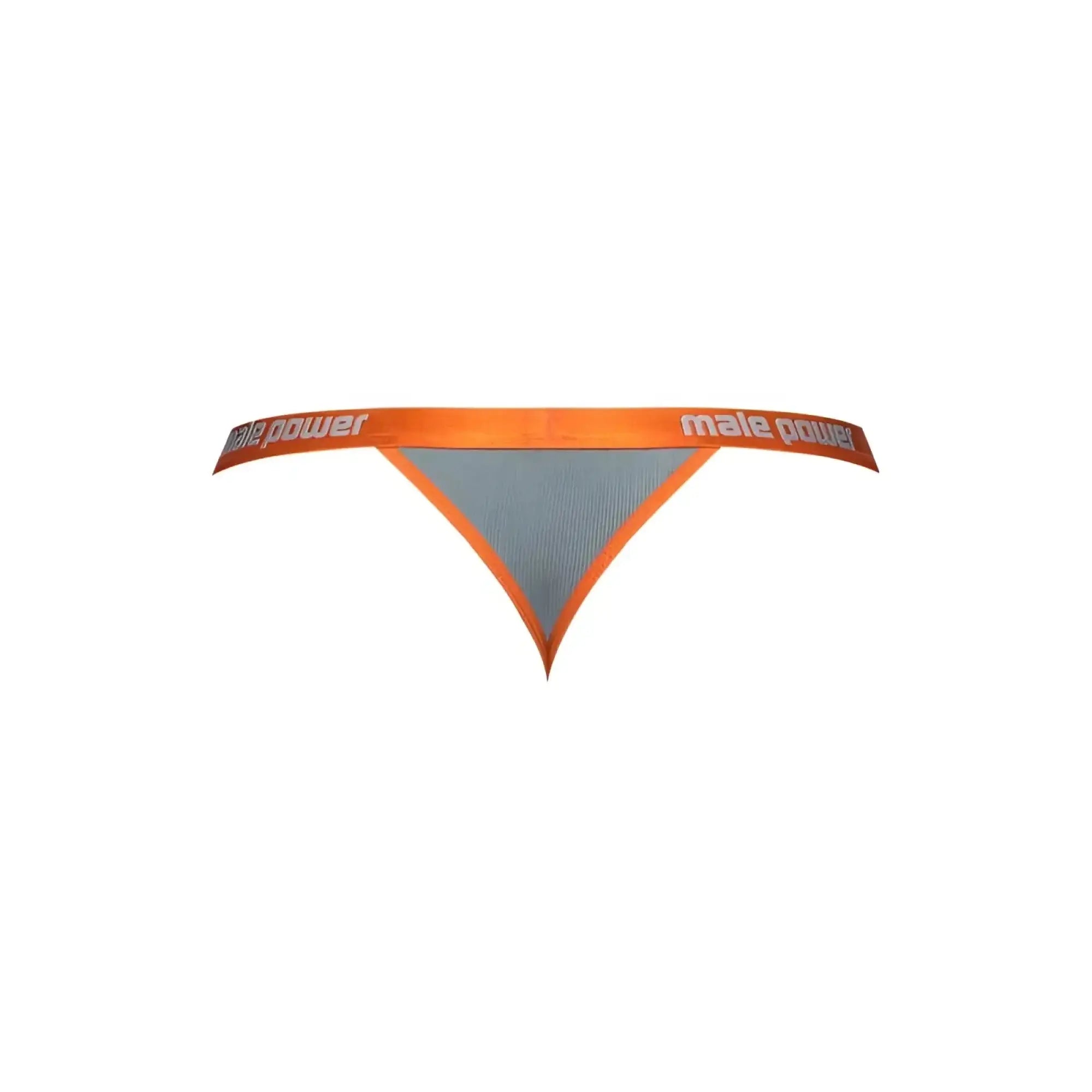 Orange and gray male power Casanova uplift micro thong with textured fabric and elastic waistband front view