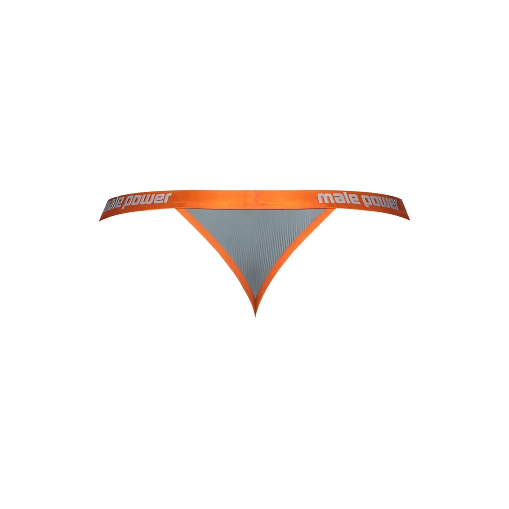 Orange and gray male power Casanova uplift micro thong with textured fabric and elastic waistband front view