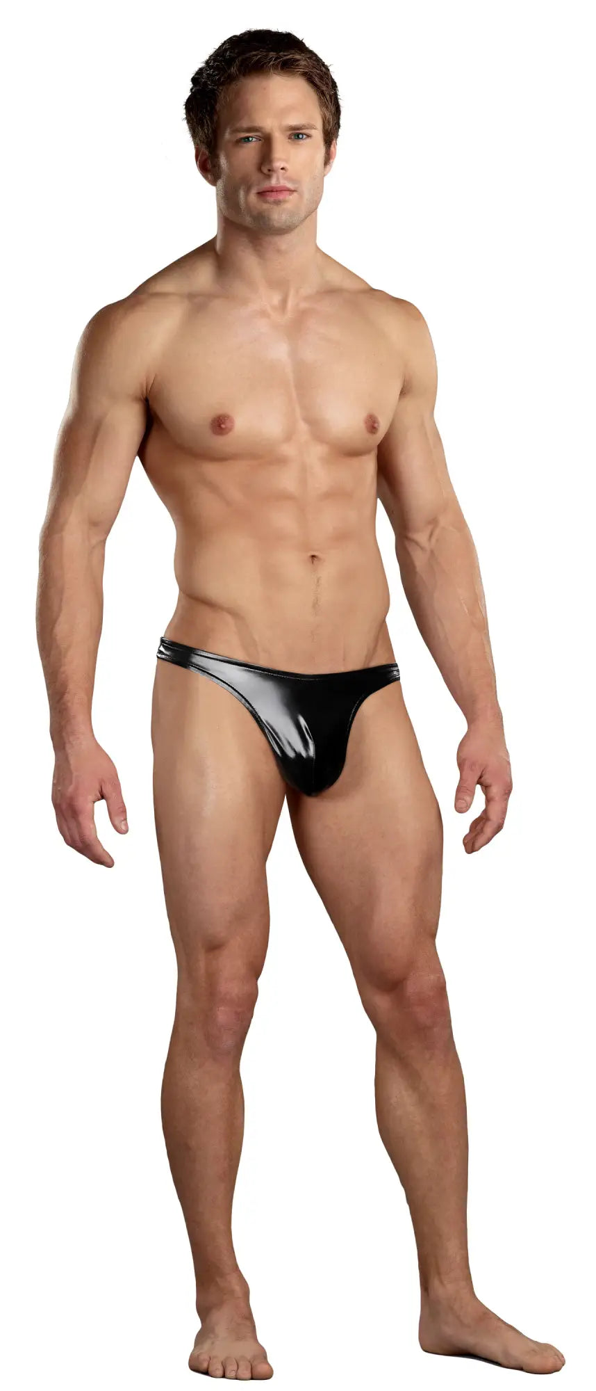 Male power classic thong L in shiny black and silver metallic briefs showing front view