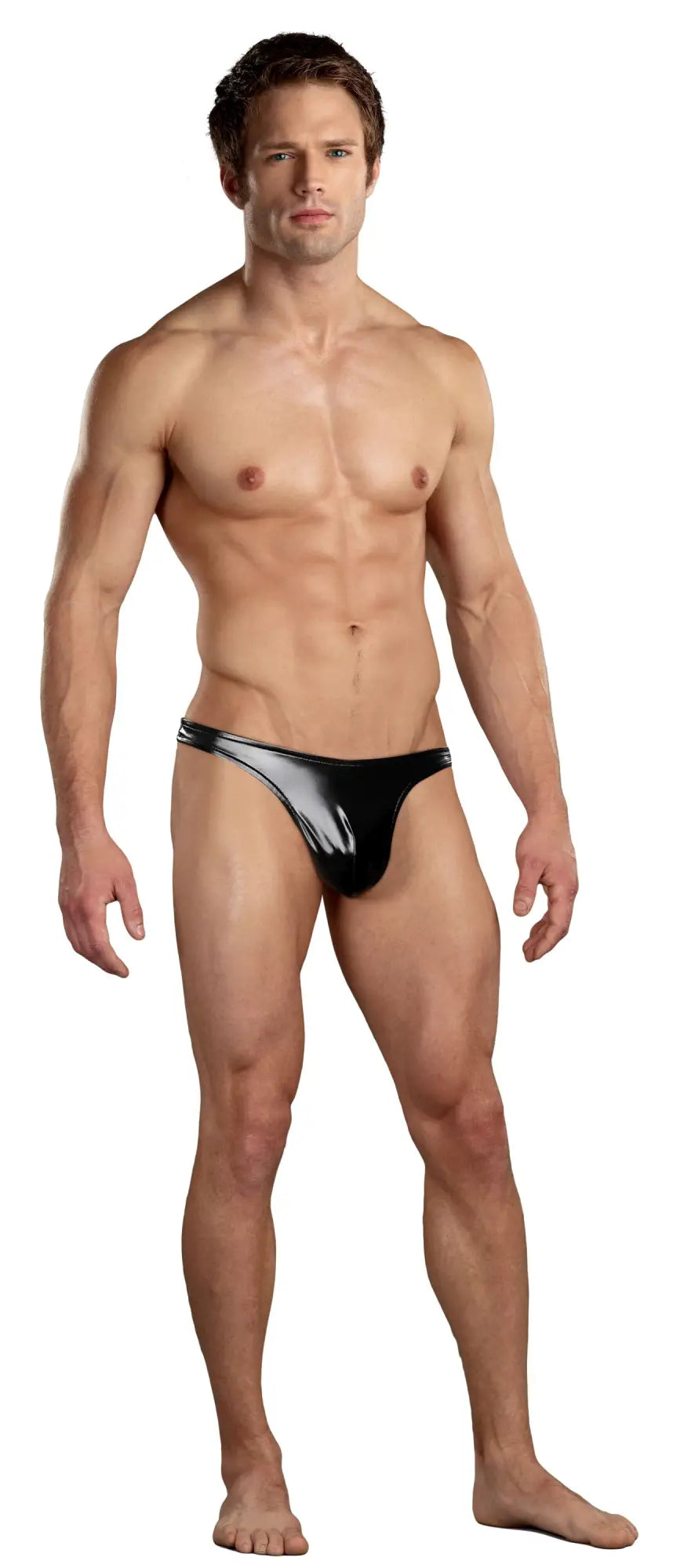 Male power classic thong m in shiny black and silver metallic fabric designed for comfortable male underwear wear