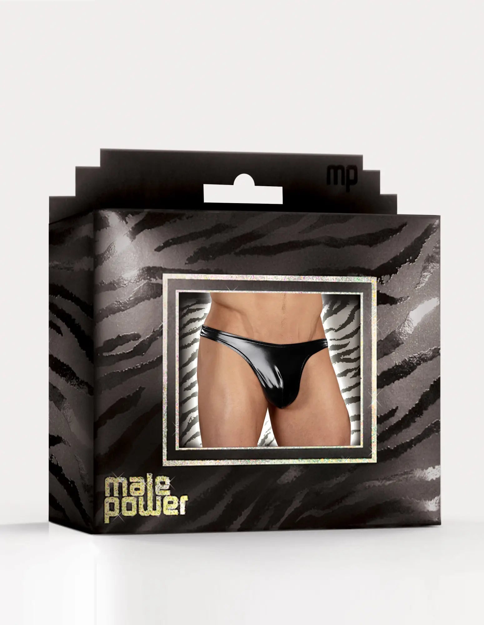 Black patent leather thong from male power featuring a classic design and sleek shiny finish for men
