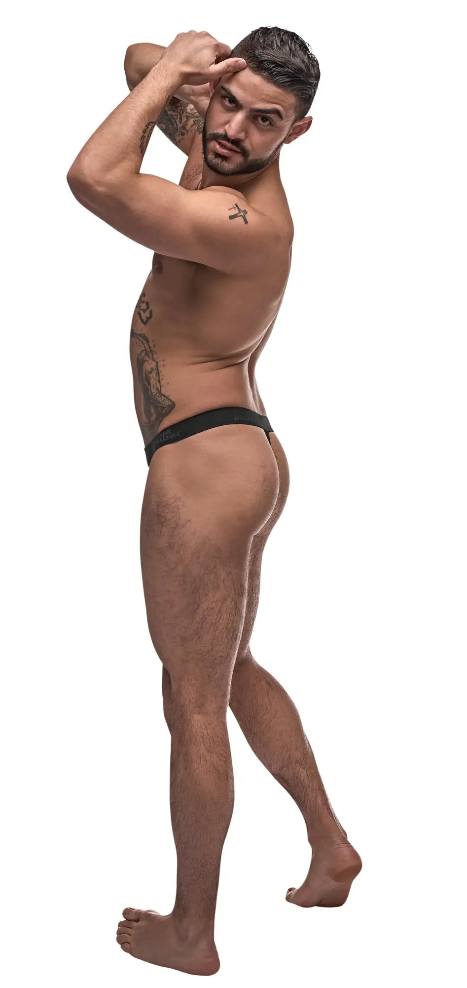 Black male power grip and rip off thong briefs in s m size showing front design and elastic material