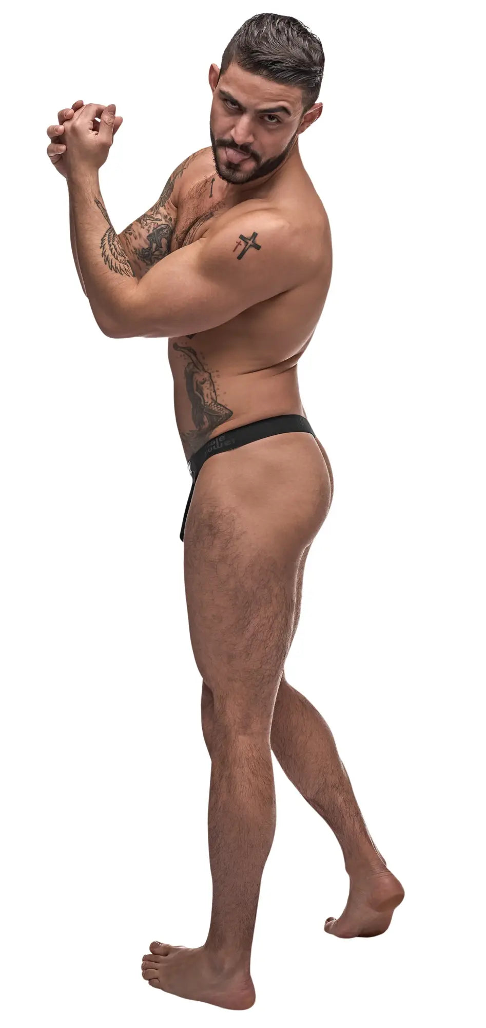 Black male power grip and rip off thong briefs with sleek form-fitting design in size s m