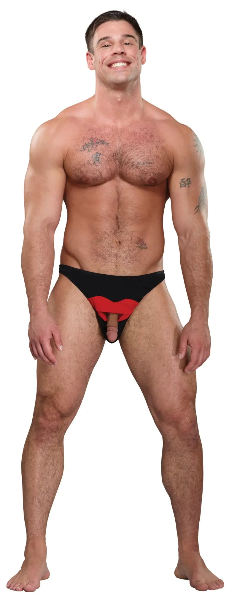 Male power hot lips bikini novelty underwear with bold black and red heart graphic design one size