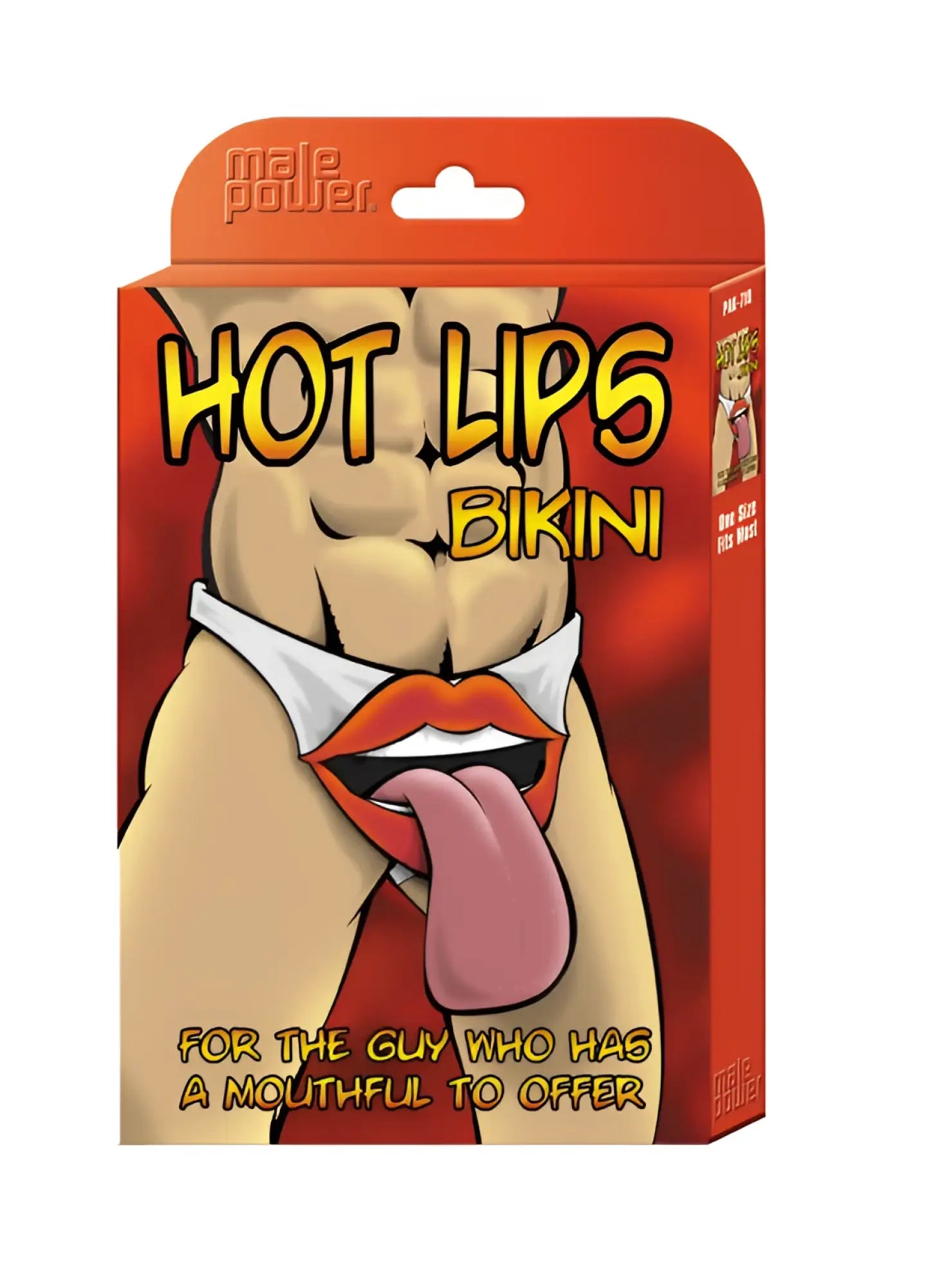 Red cardboard package for male power hot lips bikini novelty underwear with cartoon muscular torso and white briefs