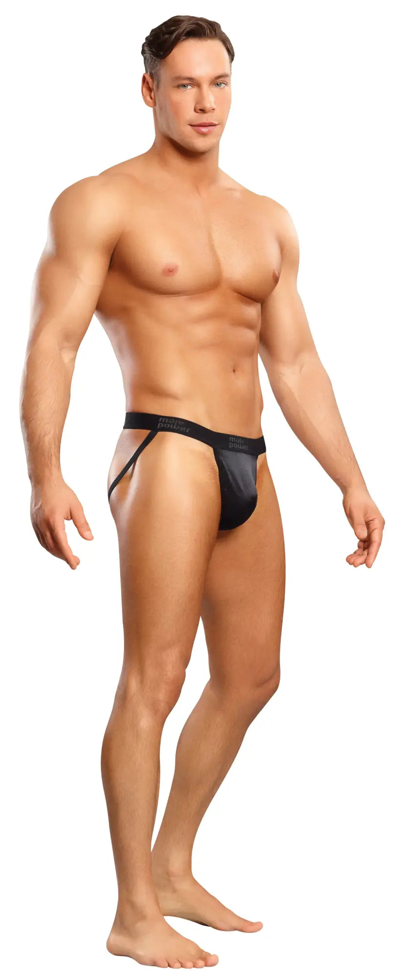 Black sleek form-fitting male power jock briefs in satin lycra fabric with smooth finish size l/xl