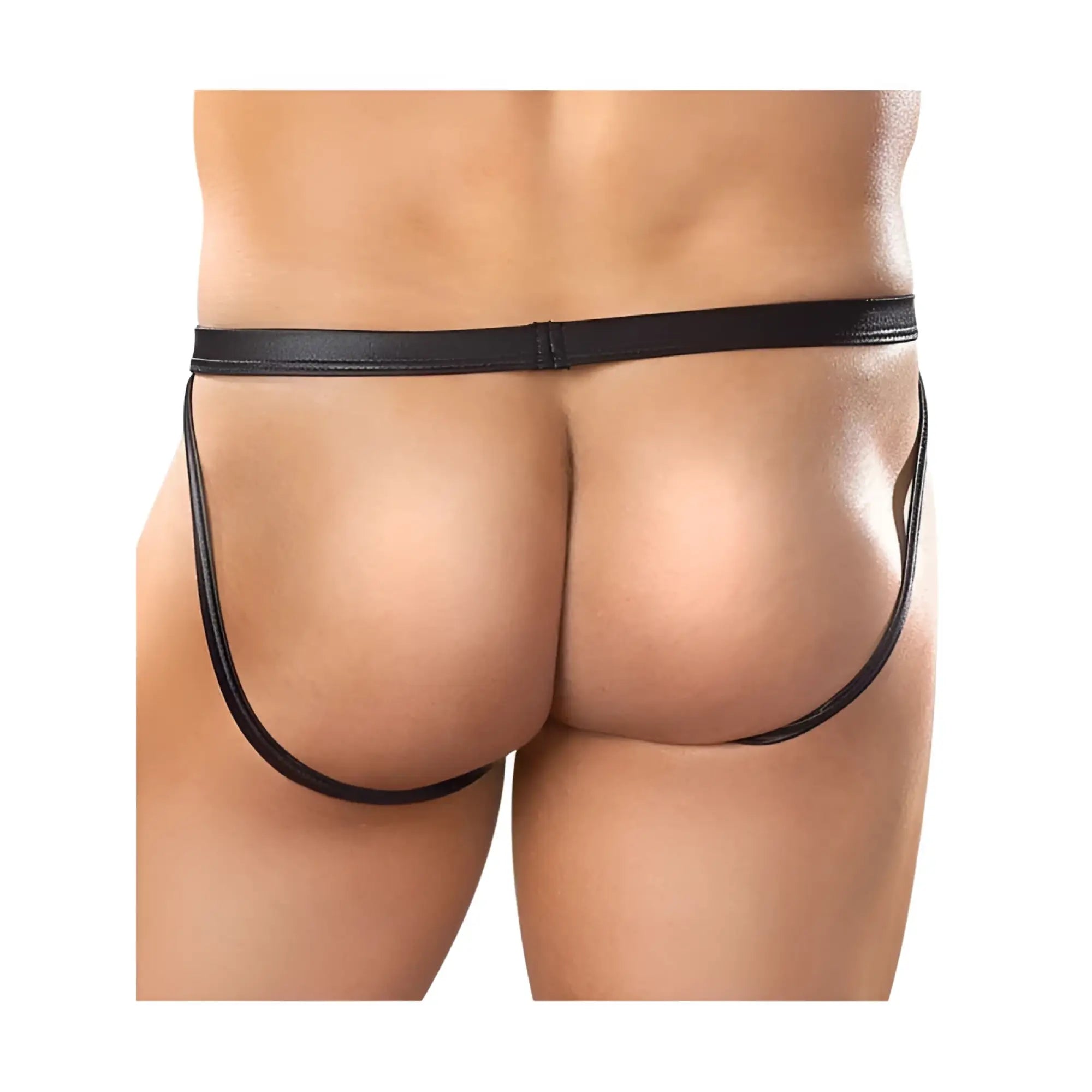 Black leather-like male power jock thong in wet look with narrow waistband and curved leg openings in size l xl