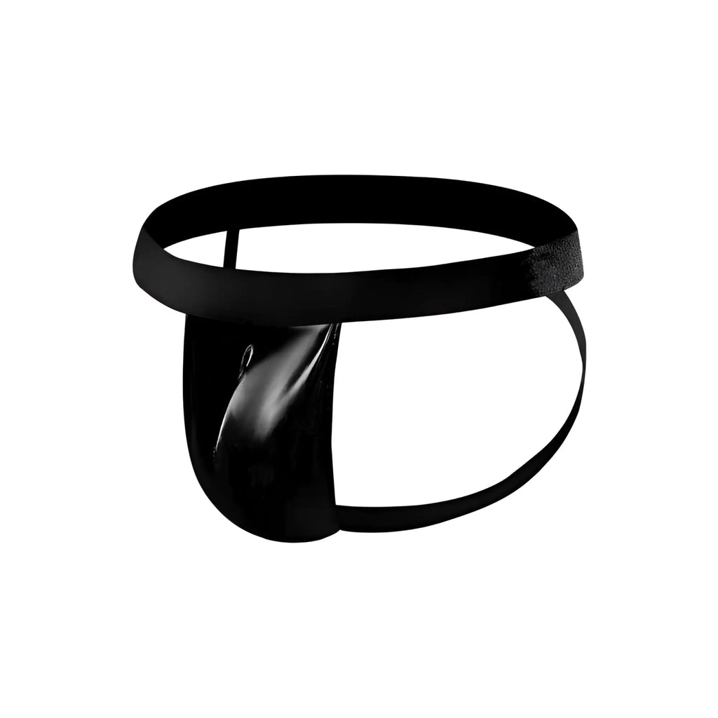 Black patent leather thong with wide waistband and thin side straps from male power jock wet look lxl collection