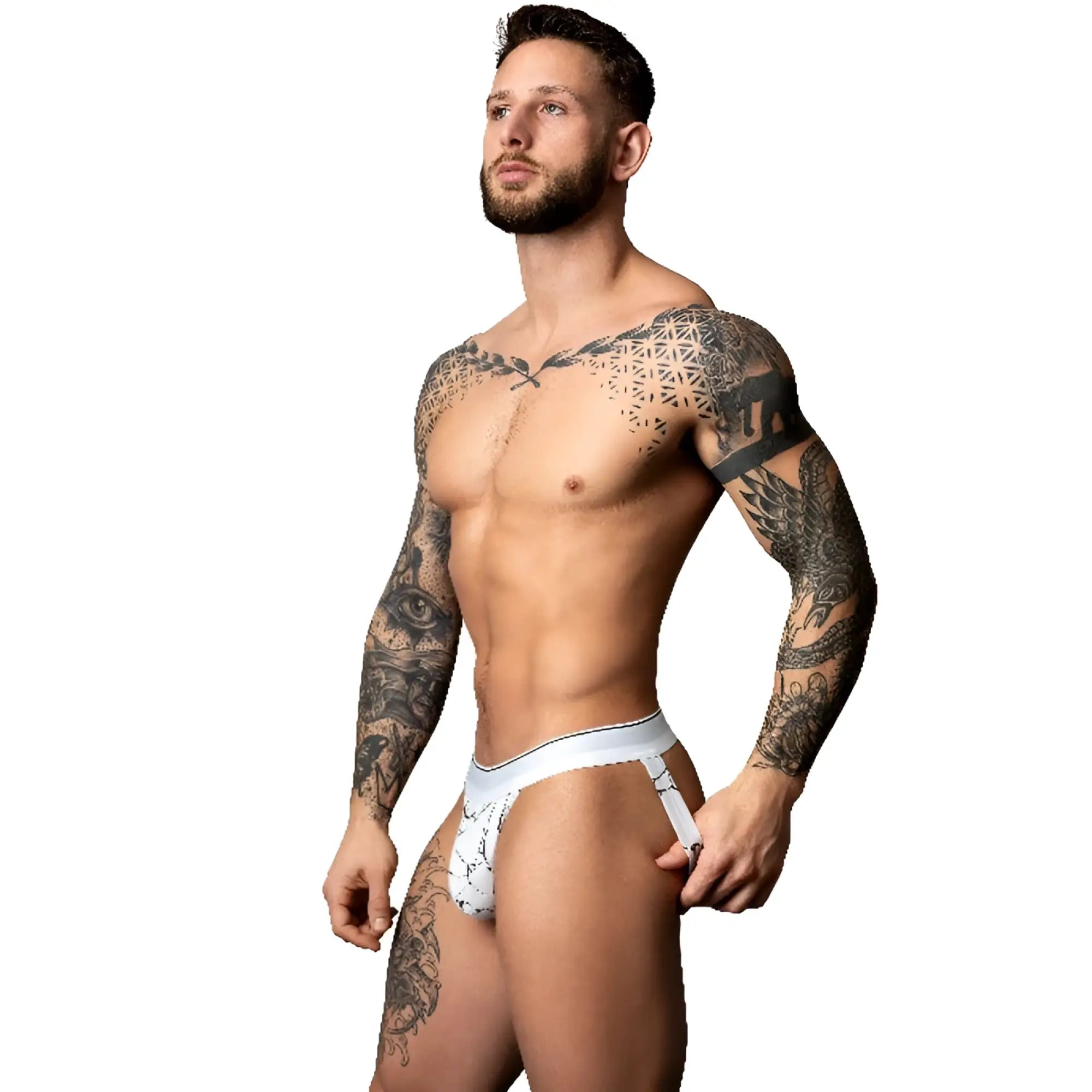 Male power white marble jock strap with white patterned briefs waistband and side straps in size s/m
