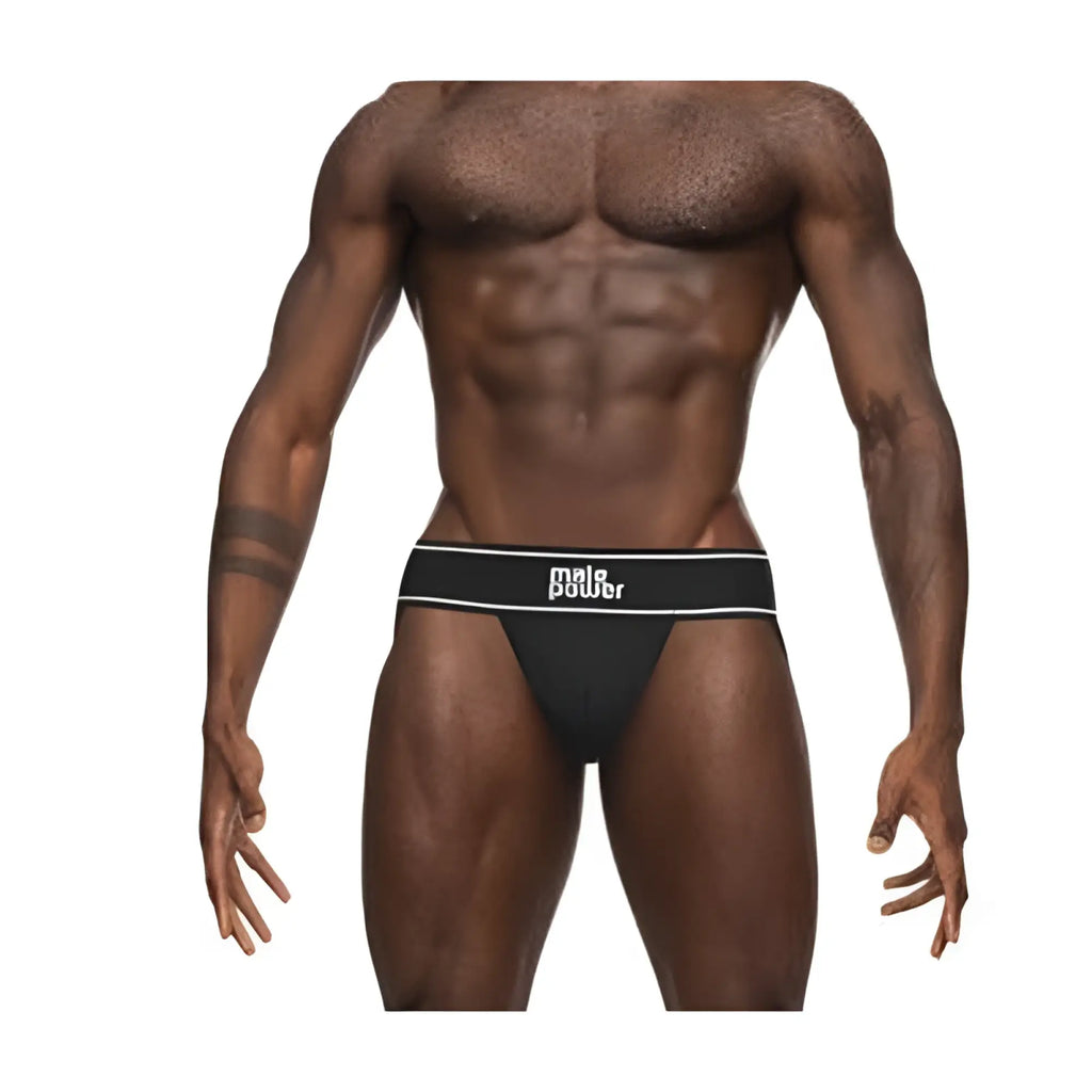 Male power modal rib black mens briefs with white logo band and silver trim in size l/xl front view