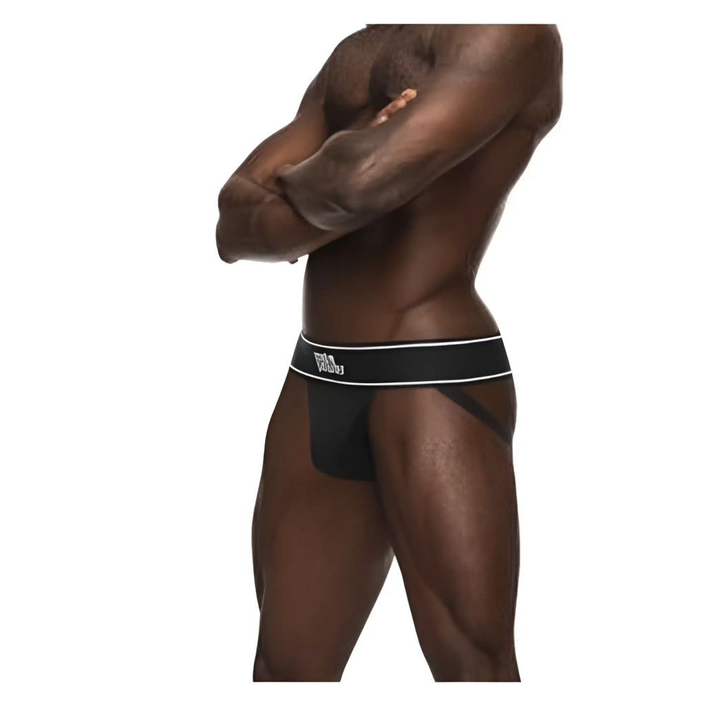 Black athletic briefs with white trim and logo on waistband made from modal rib material by Male Power in size S/M